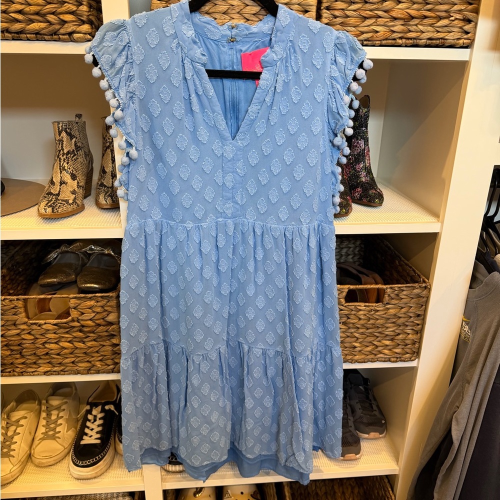 Lilly Pulitzer Light Blue Pom-Trim Tiered V-Neck Dress